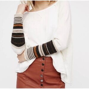 Free People Knit Top Medium Cream Raw Hem Boho Striped Sleeve Relaxed Fit